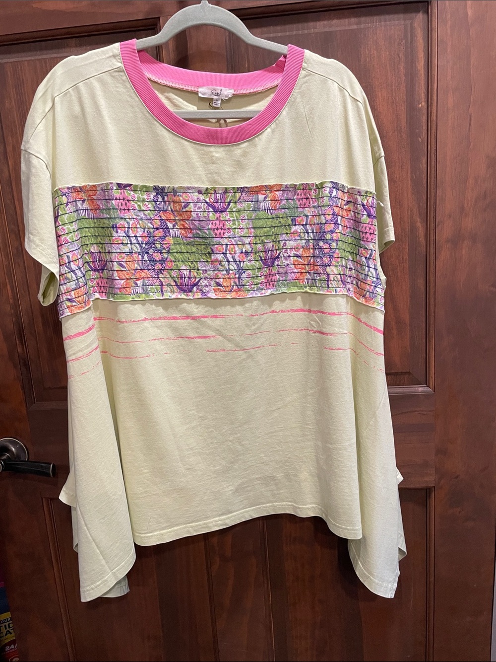 easel Green Tee with Pink Collar and Floral Smocked Panel